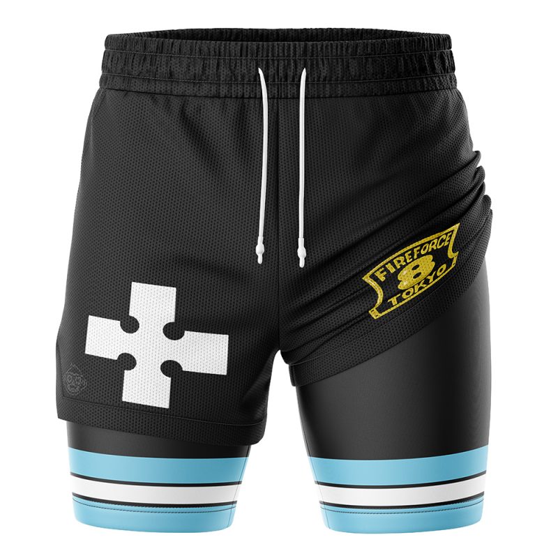 The Company 8 Fire Force 2-in-1 Performance Shorts feature a white cross design, a yellow Fire Force 8 Tokyo patch, light blue and white hem stripes, and visible white drawstrings at the waistband.