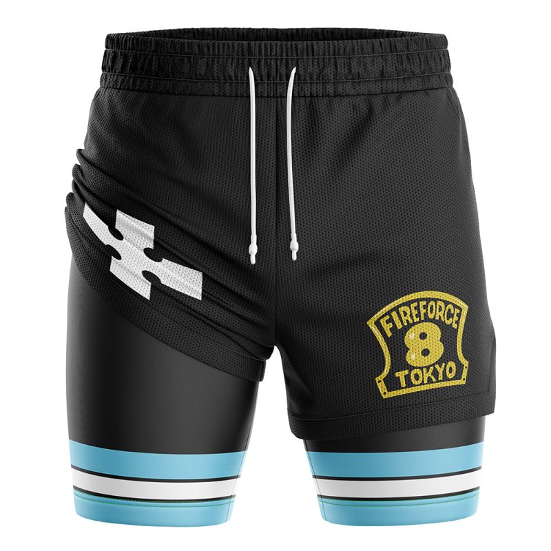The Company 8 Fire Force 2-in-1 Performance Shorts are black athletic shorts with a yellow Fire Force 8 Tokyo badge on the right leg, a white cross on the left, and blue and white stripes near the bottoms of both legs.