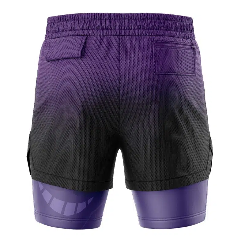 Back view of Gengar Pokemon 2-in-1 Performance Shorts with a black-to-purple gradient, two back pockets (one zippered), and attached purple compression shorts featuring a geometric left-side pattern.