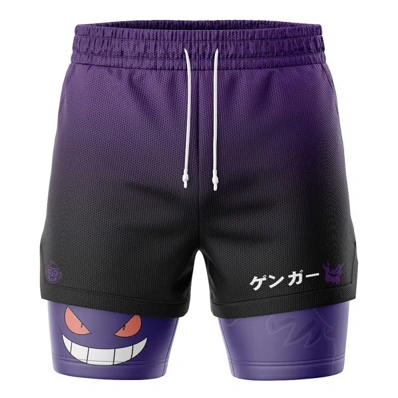 The Gengar Pokemon 2-in-1 Performance Shorts feature a playful, bold design with purple and black colors, a drawstring waist, a grinning Gengar face on one leg, and Japanese characters plus a small ghost graphic on the other.