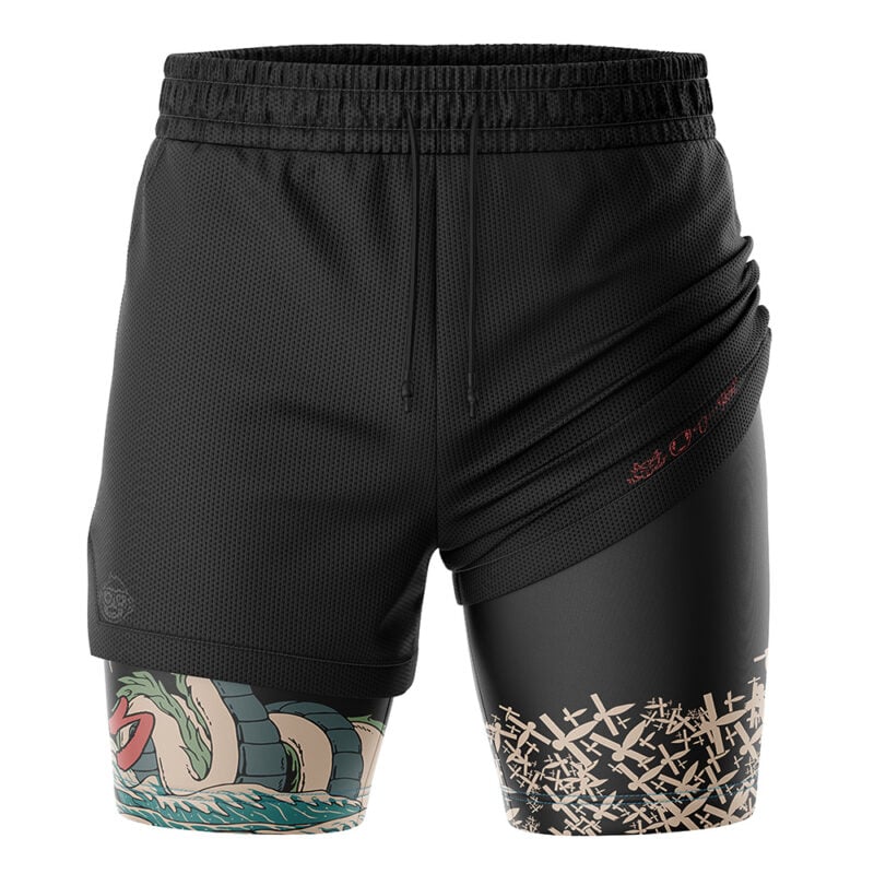The Haku Spirited Away 2-in-1 Performance Shorts feature a layered black design with a mesh outer layer over inner leggings, showcasing a dragon illustration on one leg and a beige abstract pattern on the other.