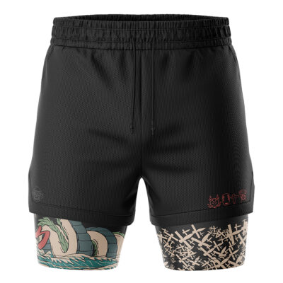 The Haku Spirited Away 2-in-1 Performance Shorts feature black athletic outer shorts with an elastic waistband and attached inner compression shorts. The left inner leg has a dragon tattoo, the right has a beige abstract pattern, plus red and gray symbols near the hem.
