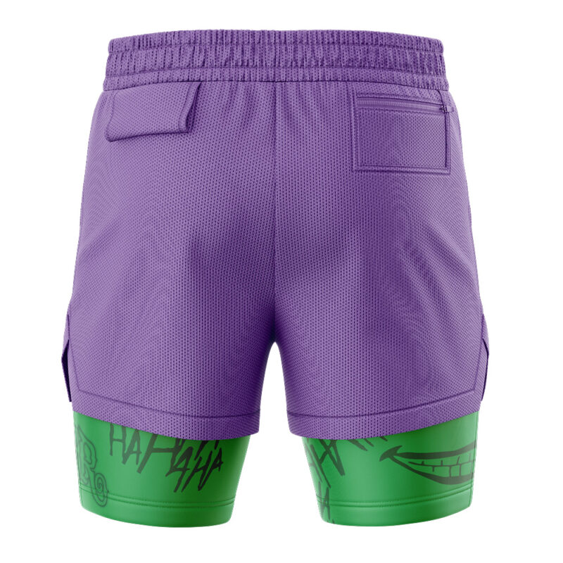 Back view of Joker DC Comics 2-in-1 Performance Shorts: purple athletic shorts layered over green compression shorts with black smile and HA HA HA graphics on the green fabric.