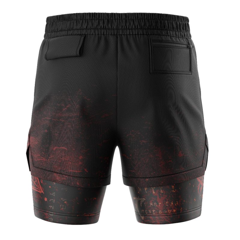 The Mysterium Xerxes Skyrim 2-in-1 Performance Shorts are black with a red textured pattern on the lower back, two flap back pockets, an elastic waistband, and a layered sporty design.