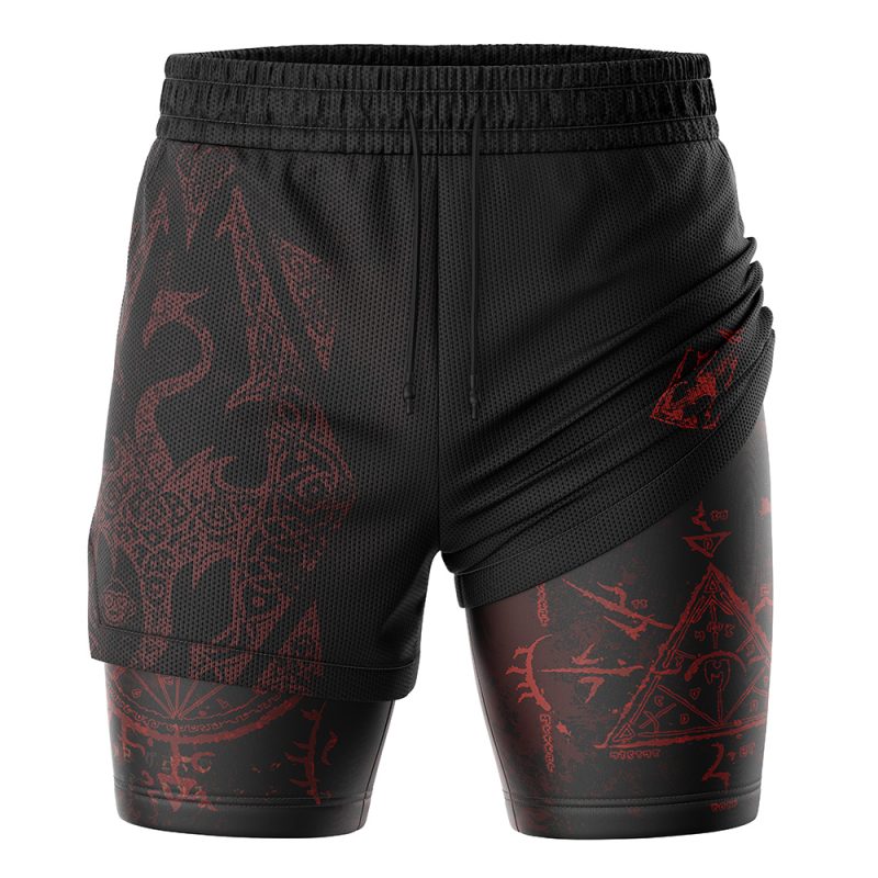 The Mysterium Xerxes Skyrim 2-in-1 Performance Shorts feature black athletic layers with dark red mystical geometric patterns and occult-like symbols on both the outer shorts and compression layer, plus a drawstring waistband.