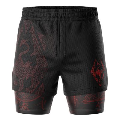 The Mysterium Xerxes Skyrim 2-in-1 Performance Shorts are black with a red dragon and geometric design, featuring an elastic waistband, drawstrings, and an inner compression layer with additional red patterns.