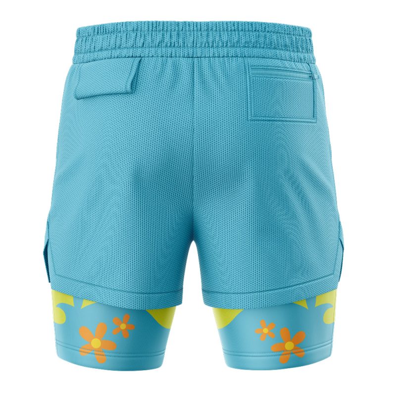 The Mystery Machine Scooby-Doo 2-in-1 Performance Shorts are light blue with cargo pockets and a floral pattern of yellow and orange flowers near the bottom hem, shown from the back.