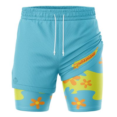 The Mystery Machine Scooby-Doo 2-in-1 Performance Shorts feature light blue fabric with a right-side overlay that reveals a yellow and blue floral pattern beneath, playful white drawstrings at the waistband, and a colorful, fun design.
