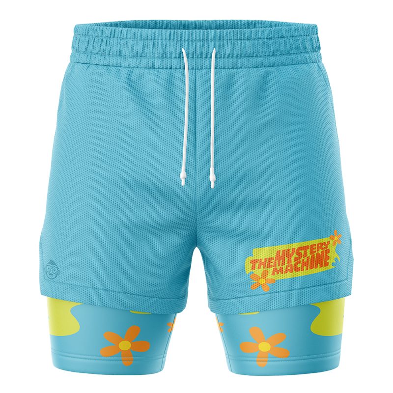 Mystery Machine Scooby-Doo 2-in-1 Performance Shorts: Light blue athletic shorts with a drawstring waist and inner compression layer, featuring The Mystery Machine logo and colorful floral patterns inspired by the Scooby-Doo van.