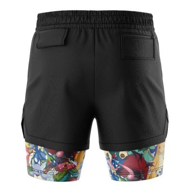 The Pocket Monsters Pokemon 2-in-1 Performance Shorts are black athletic shorts with colorful Pokemon character designs on the lower legs, featuring two rear pockets and an elastic waistband.