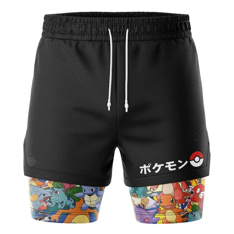 The Pocket Monsters Pokemon 2-in-1 Performance Shorts are black with a white drawstring; colorful Pokémon characters and the logo with Japanese text decorate the left leg.
