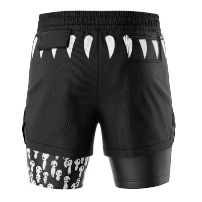 Princess Mononoke 2-in-1 Performance Shorts: black athletic shorts featuring a back pocket, white fang accents at the waistband, white cartoon skulls on the lower left leg, and a solid black panel on the right leg.