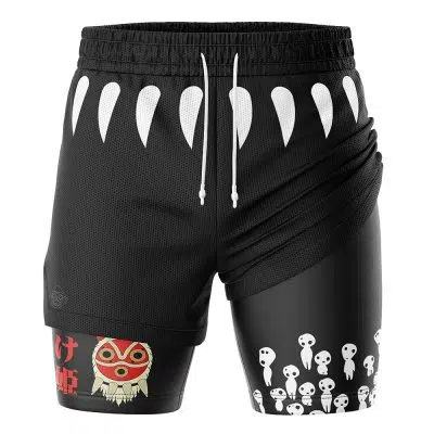 The Princess Mononoke 2-in-1 Performance Shorts feature black fabric with white fang shapes at the waistband, a red and white mask on one leg, and small white forest spirit figures along the lower part of the other leg.