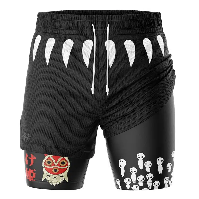 The Princess Mononoke 2-in-1 Performance Shorts feature black fabric with white fang shapes at the waistband, a red and white mask on one leg, and small white forest spirit figures along the lower part of the other leg.