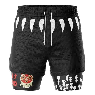 The Princess Mononoke 2-in-1 Performance Shorts feature black athletic fabric, white fang shapes by the waistband, a red mask with Japanese text on the left leg, and small white ghost-like figures on the right leg.
