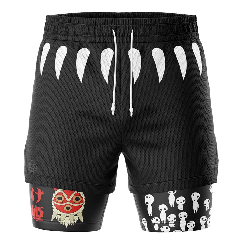 The Princess Mononoke 2-in-1 Performance Shorts feature black athletic fabric, white fang shapes by the waistband, a red mask with Japanese text on the left leg, and small white ghost-like figures on the right leg.