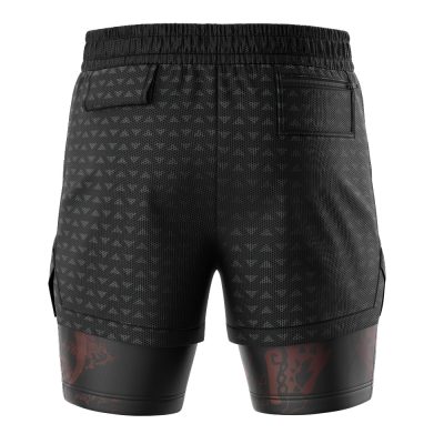 Back view of Rathalos Monster Hunter 2-in-1 Performance Shorts in black with a subtle triangle pattern, rear right pocket, and black compression shorts underneath that have a faint red design on the lower legs.