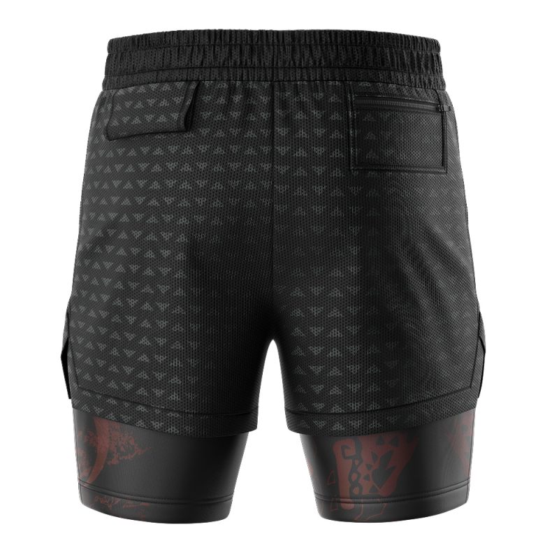 Back view of Rathalos Monster Hunter 2-in-1 Performance Shorts in black with a subtle triangle pattern, rear right pocket, and black compression shorts underneath that have a faint red design on the lower legs.