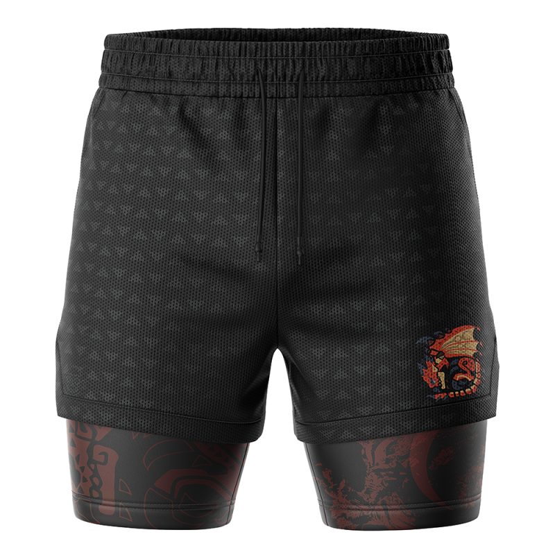 The Rathalos Monster Hunter 2-in-1 Performance Shorts feature black athletic shorts with an elastic waistband and a red and gold dragon emblem on the left leg, plus black compression shorts underneath with a subtle red pattern.