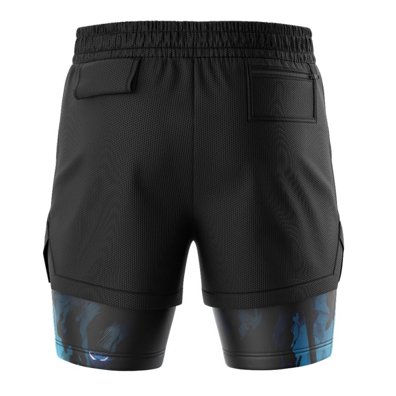 The Shadow Monarch Solo Leveling 2-in-1 Performance Shorts are black athletic shorts seen from the back, featuring two back pockets and built-in compression shorts with a blue abstract pattern peeking below the hem.