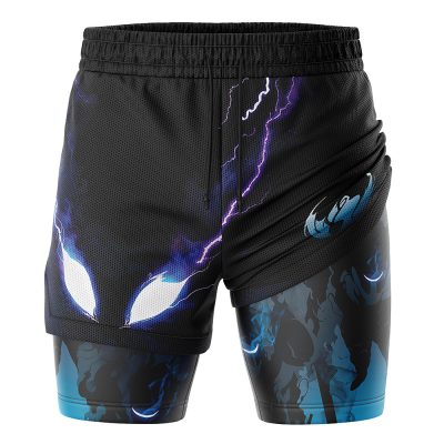 The Shadow Monarch Solo Leveling 2-in-1 Performance Shorts are black athletic shorts featuring glowing white eyes, purple lightning accents, and a blue, stylized creature motif on the right thigh and underlayer.