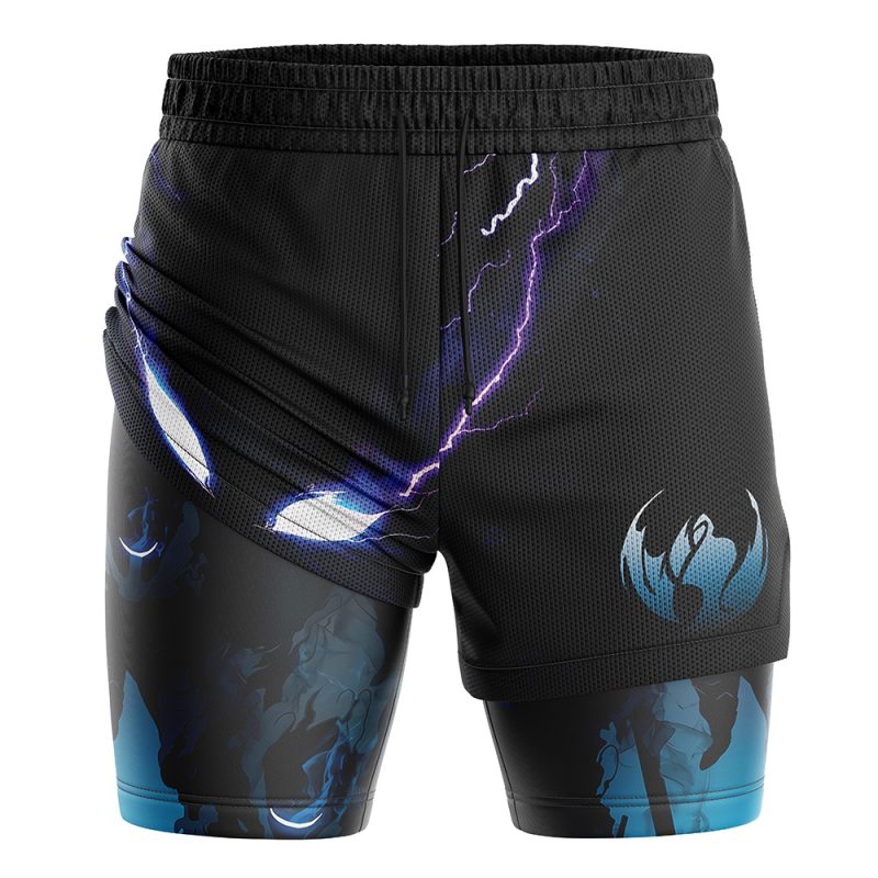 Shadow Monarch Solo Leveling 2-in-1 Performance Shorts with elastic waistband, fitted cut, bold blue and purple lightning, menacing white eyes, and bat-like emblems on the legs.