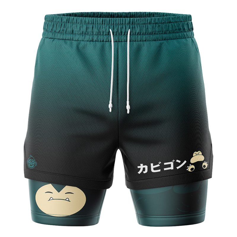 Snorlax Pokemon 2-in-1 Performance Shorts: Dark green mesh shorts with Snorlax’s face, body parts, Japanese text, and white drawstrings. Underlayer displays Snorlax's face on the left leg.