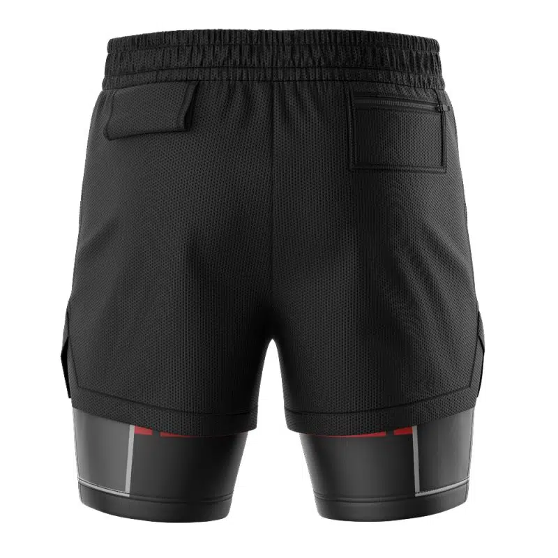 Back view of Sora Kingdom Hearts 2-in-1 Performance Shorts in black, with an elastic waistband, two back pockets, and attached black compression shorts featuring red and gray accents at the hems.