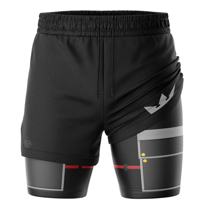 The Sora Kingdom Hearts 2-in-1 Performance Shorts feature a plain black outer layer with a subtle logo and an inner layer showcasing a futuristic gray, red, and yellow pattern with a white geometric bird motif.