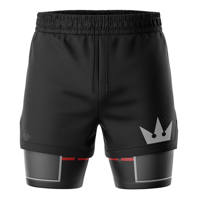 The Sora Kingdom Hearts 2-in-1 Performance Shorts feature black athletic layers: a mesh outer with a white crown graphic on the right leg, and an inner layer with black, gray, and red accents, all held by an elastic waistband.