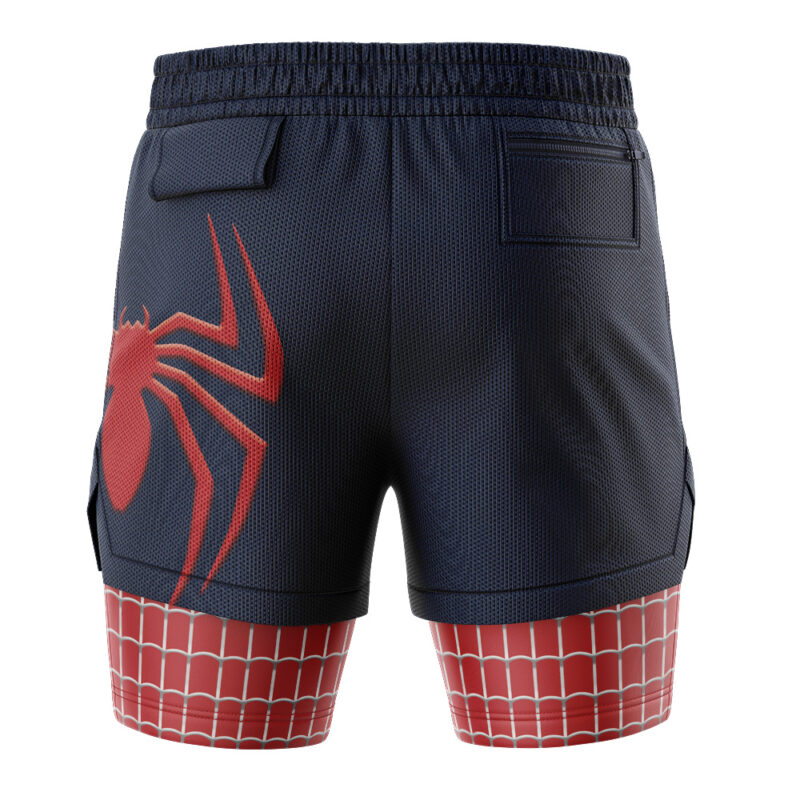 Rear view of Spider Man Marvel Comics 2-in-1 Performance Shorts in blue, with a large red spider graphic and red web patterns on the lower half, inspired by Spider-Man’s costume; features two visible back pockets.