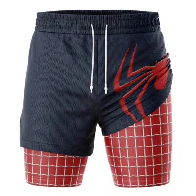 The Spider Man Marvel Comics 2-in-1 Performance Shorts feature a dark blue upper with a red spider graphic and a red lower section with a white web pattern, inspired by Spider-Man’s iconic costume.