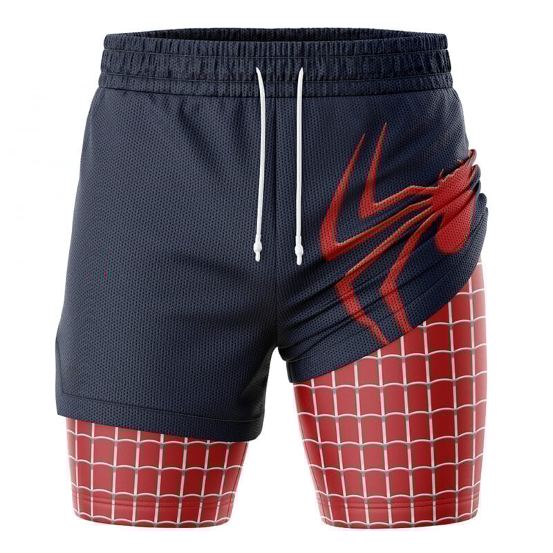 The Spider Man Marvel Comics 2-in-1 Performance Shorts feature a dark blue upper with a red spider graphic and a red lower section with a white web pattern, inspired by Spider-Man’s iconic costume.