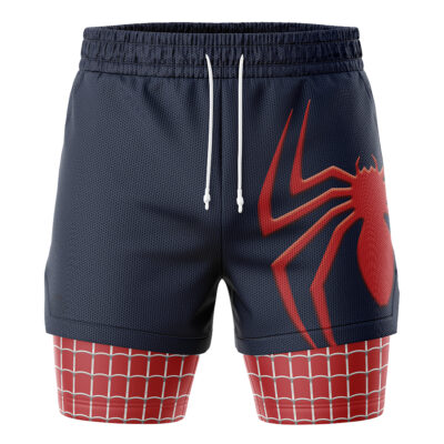 The Spider Man Marvel Comics 2-in-1 Performance Shorts feature a black upper with a bold red spider graphic and drawstrings, plus a red lower section adorned with a white web pattern, inspired by Spider-Man’s iconic costume.