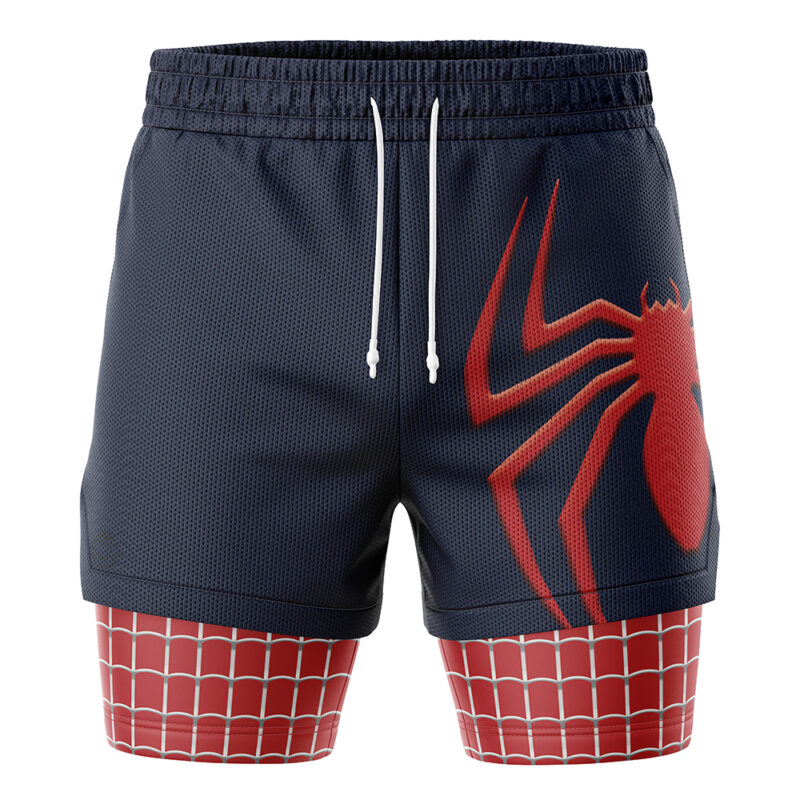The Spider Man Marvel Comics 2-in-1 Performance Shorts feature a black upper with a bold red spider graphic and drawstrings, plus a red lower section adorned with a white web pattern, inspired by Spider-Man’s iconic costume.