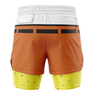 Back view of SpongeBob SquarePants 2-in-1 Performance Shorts, featuring a white waistband, brown belt-detail section, and yellow legs with brown spots to mimic SpongeBob’s signature outfit.