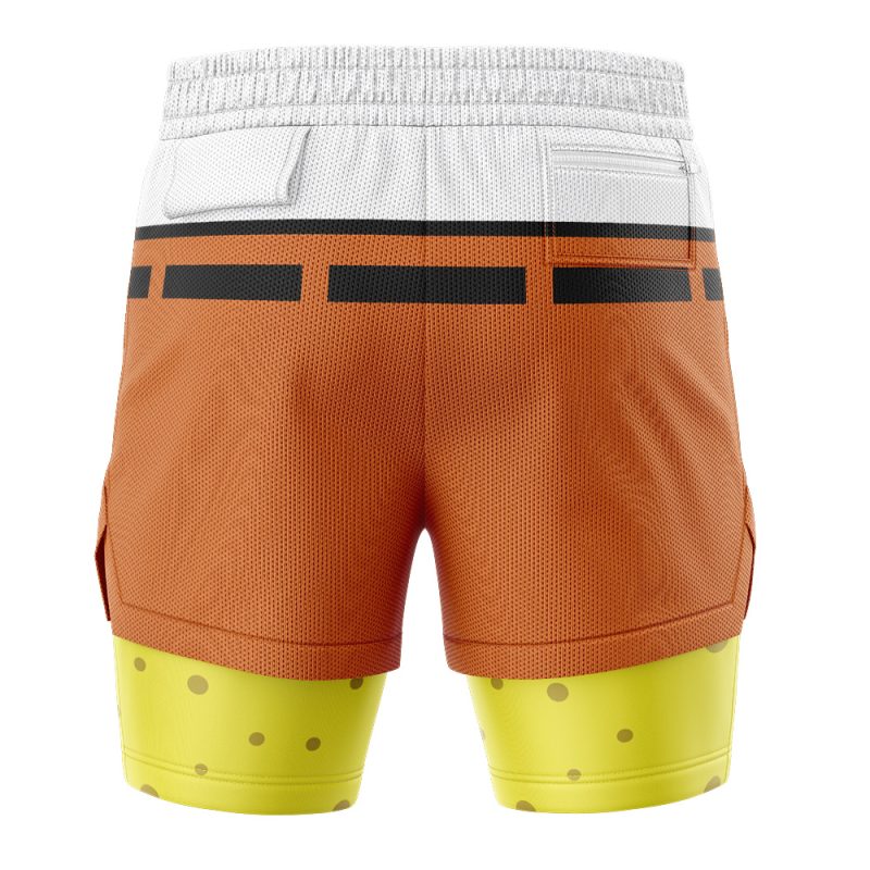 Back view of SpongeBob SquarePants 2-in-1 Performance Shorts, featuring a white waistband, brown belt-detail section, and yellow legs with brown spots to mimic SpongeBob’s signature outfit.