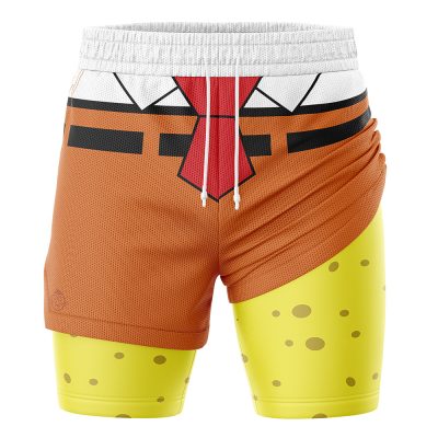 The SpongeBob SquarePants 2-in-1 Performance Shorts are athletic shorts styled after SpongeBob’s outfit, with a brown waist, red tie, white shirt detail, and yellow sponge-spot lower legs.