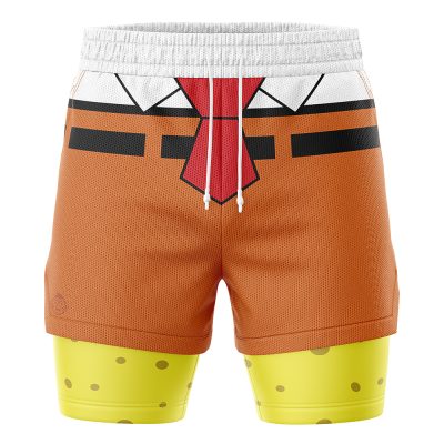 The SpongeBob SquarePants 2-in-1 Performance Shorts feature an outfit-inspired design with a printed white shirt, red tie, brown belt stripes, and yellow sponge-patterned legs extending below the orange shorts.