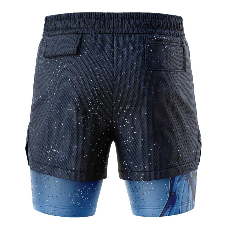 The Statue of god Solo Leveling 2-in-1 Performance Shorts feature navy fabric, a black elastic waistband, two back pockets, and a blue galaxy-speckled pattern. Blue graphic panels decorate the lower legs for added style.