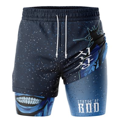 The Statue of god Solo Leveling 2-in-1 Performance Shorts feature navy blue fabric, a grinning mouth graphic, stylized text, abstract designs, “Status of King” near the hem, plus white drawstrings and an all-over dotted pattern.