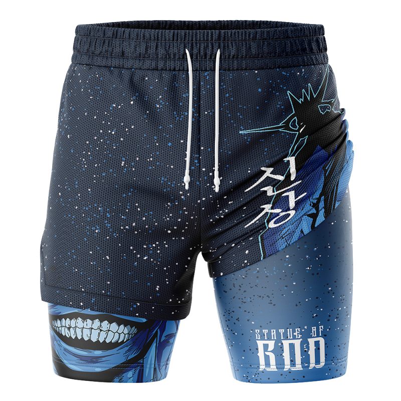 The Statue of god Solo Leveling 2-in-1 Performance Shorts feature navy blue fabric, a grinning mouth graphic, stylized text, abstract designs, “Status of King” near the hem, plus white drawstrings and an all-over dotted pattern.