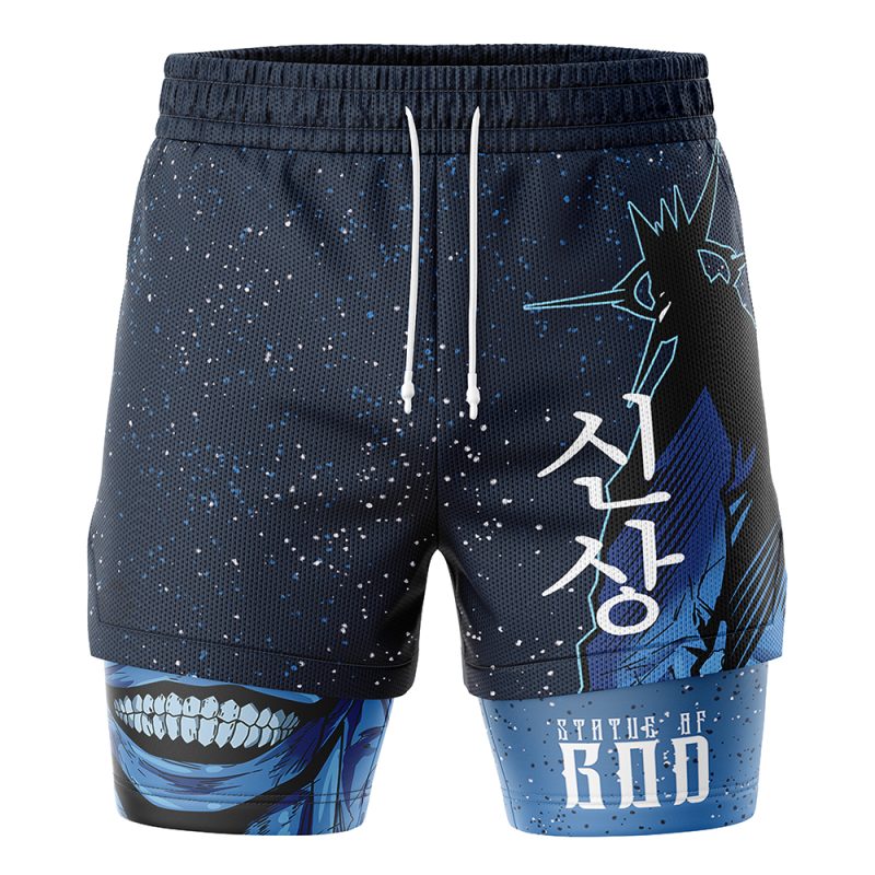 The Statue of god Solo Leveling 2-in-1 Performance Shorts feature dark blue fabric with a starry pattern, anime-style face, Statue of Liberty design, white drawstrings, Korean text, and “Statue of God” on the left leg.