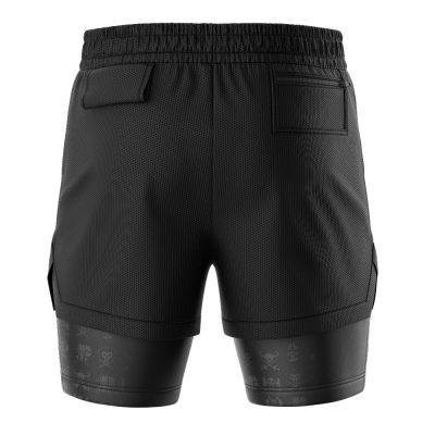 The Straw Hat Grand Fleet One Piece 2-in-1 Performance Shorts feature a textured black fabric, two back pockets, a faint patterned inner layer, an elastic waistband, and a sleek, modern design visible from the back.