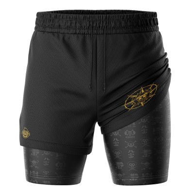 The Straw Hat Grand Fleet One Piece 2-in-1 Performance Shorts feature a black design with an elastic waistband, gold geometric detail on the left thigh, and a layered look with gray patterns and symbols on the lower layer.