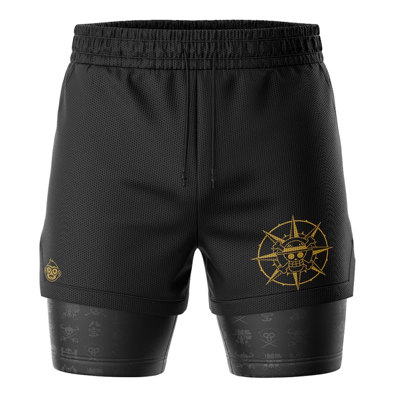 Straw Hat Grand Fleet One Piece 2-in-1 Performance Shorts: black athletic shorts with an inner layer, yellow nautical skull emblem on the right thigh, small yellow logo on the left, and patterned inner compression layer.