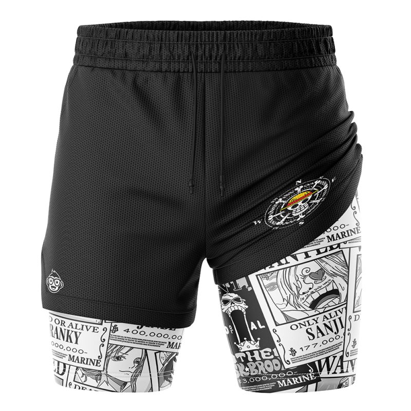 The Straw Hat Wanted Pattern One Piece 2-in-1 Performance Shorts feature black athletic fabric with comic-style wanted posters on one side, solid black on the other, a colorful emblem on the upper left thigh, and a circular logo on the right leg.
