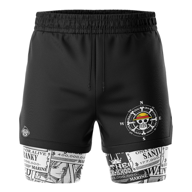 Straw Hat Wanted Pattern One Piece 2-in-1 Performance Shorts feature a skull logo on the left thigh and manga-style wanted poster designs on the extended inner lining.
