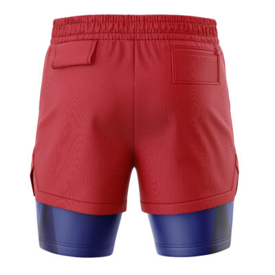 The image shows the back view of Superman DC Comics 2-in-1 Performance Shorts: red mesh athletic shorts with an elastic waistband and two back pockets, worn over shiny blue fitted compression shorts, shown on a white background.