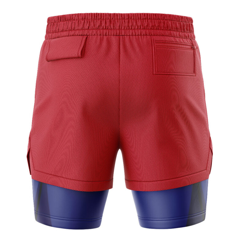 The image shows the back view of Superman DC Comics 2-in-1 Performance Shorts: red mesh athletic shorts with an elastic waistband and two back pockets, worn over shiny blue fitted compression shorts, shown on a white background.